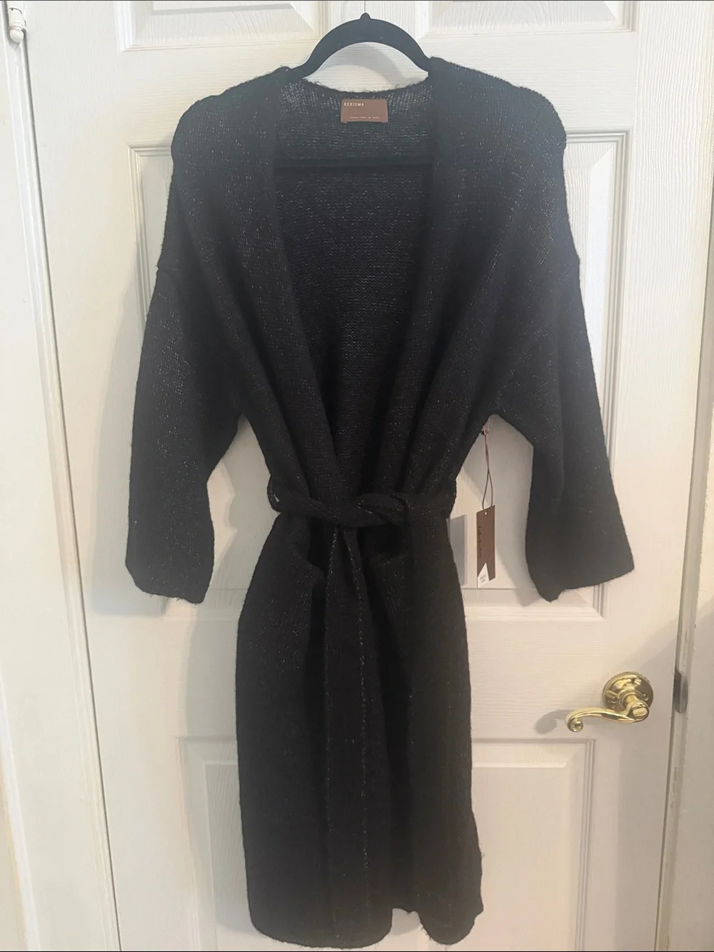 NEW Kerisma Women's Black Knit Belted Robe Cardigan Alpaca Sweater Sz S/M